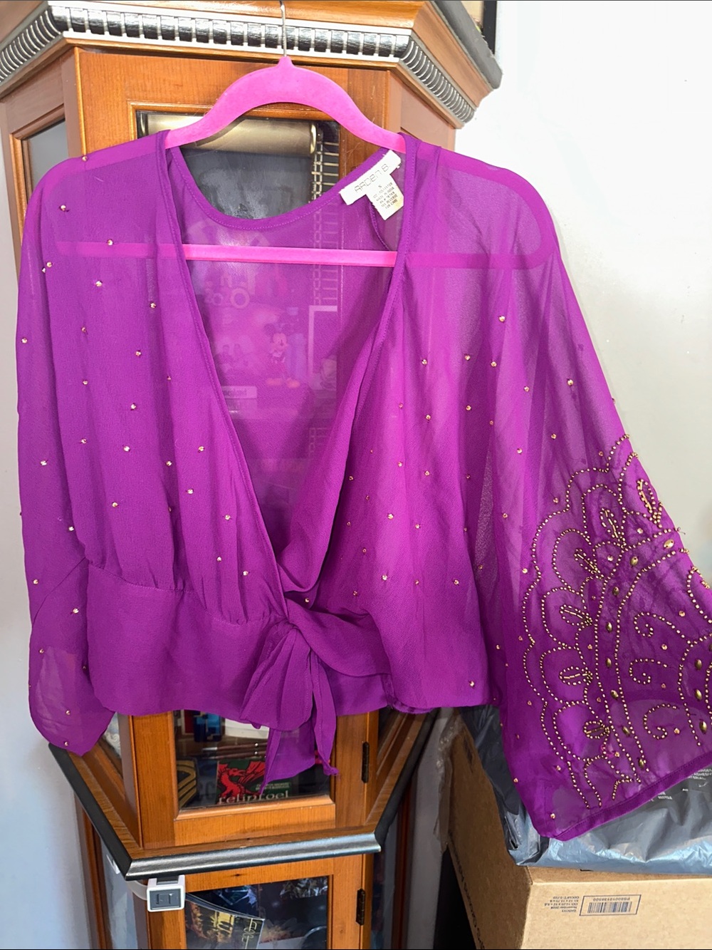 Arden B Purple Sheer Tie-Front Embellished Kimono Blouse